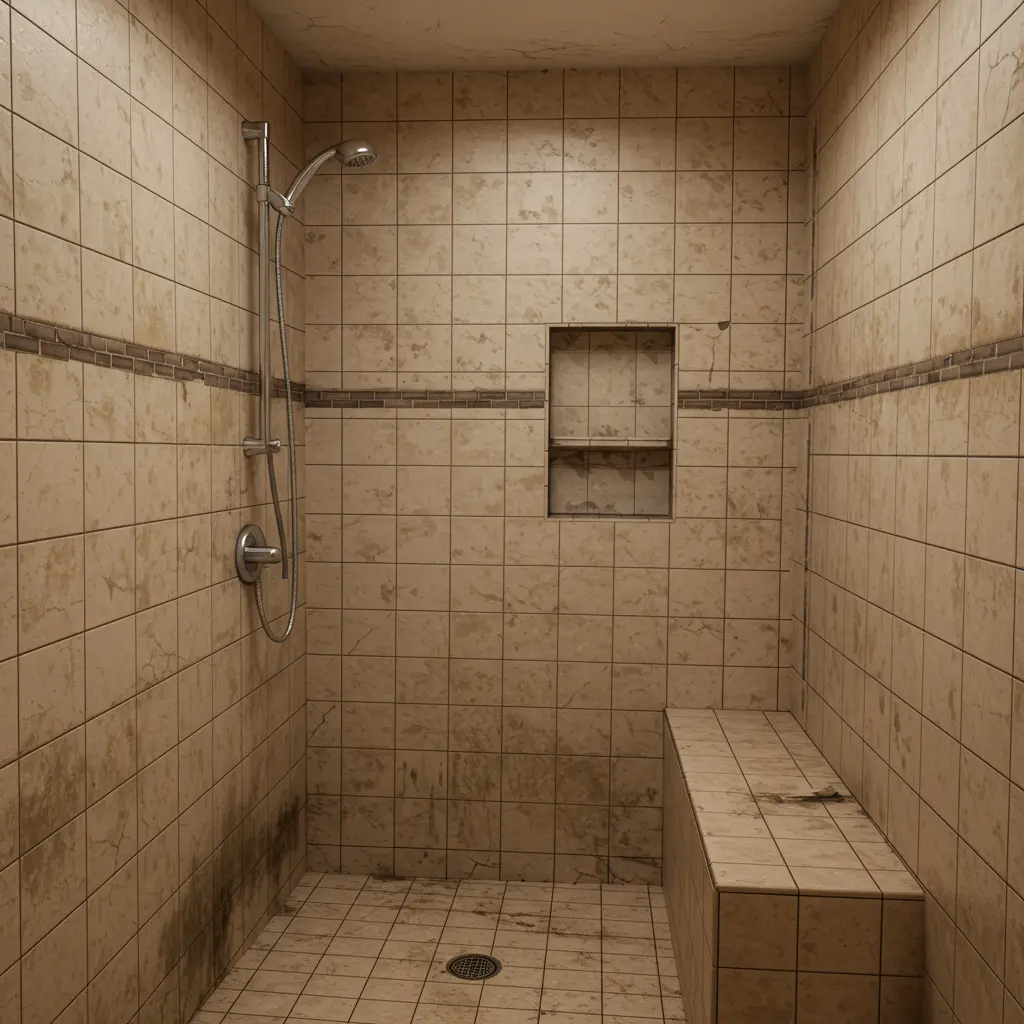 Before - Outdated 1980s builder-grade bathroom shower with stained moldy tiles